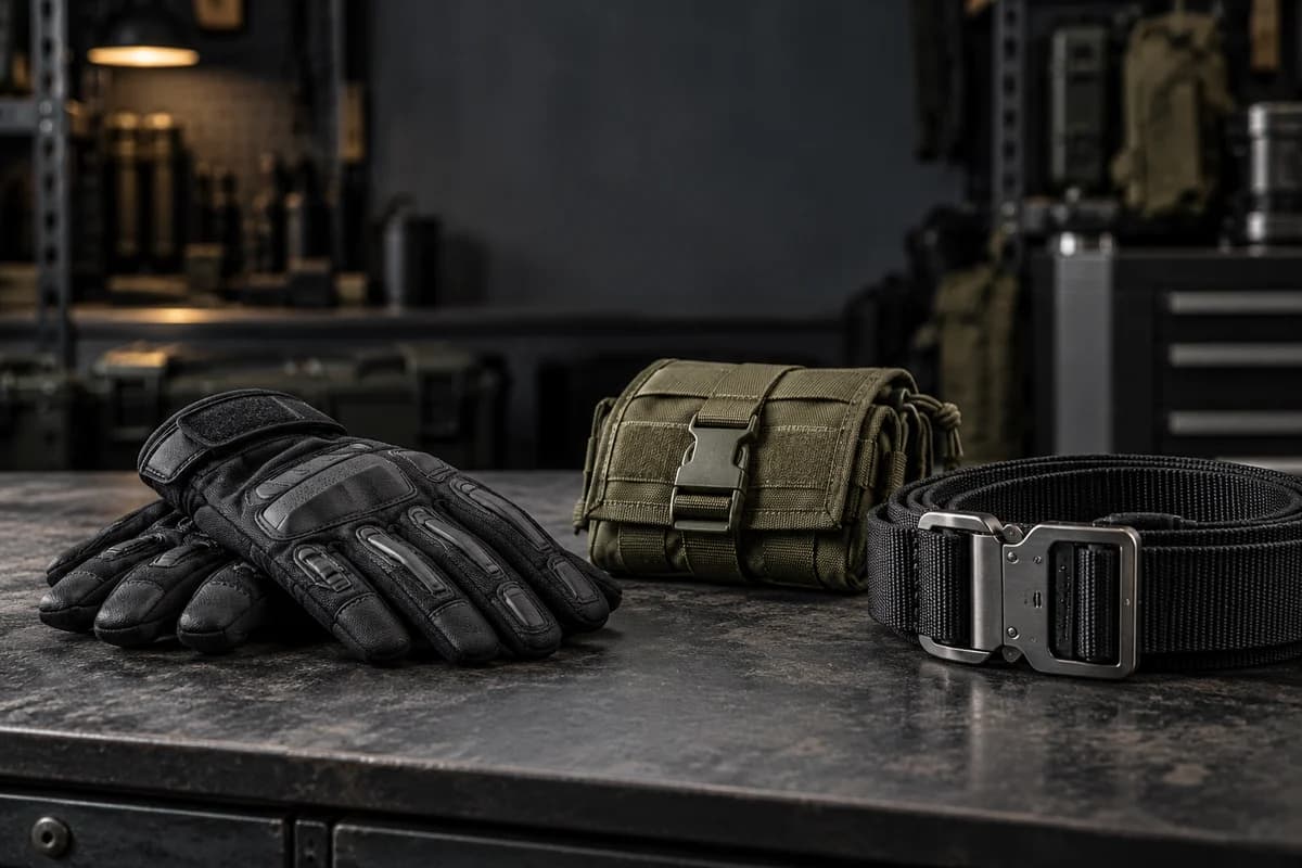 Guantes protectores, bolsa y cinturón de equipamiento táctico