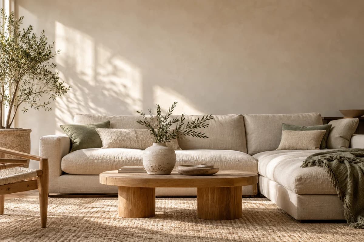 Salón con textiles naturales, madera y decoración contemporánea
