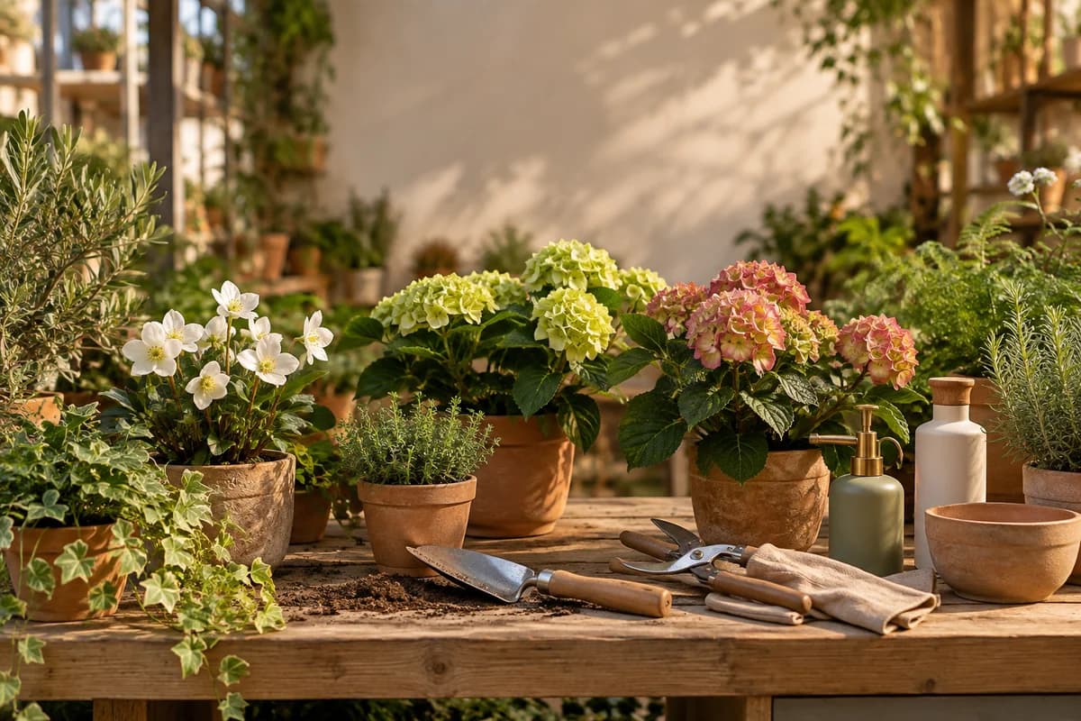 Plantas y accesorios para su cuidado sobre un banco de madera