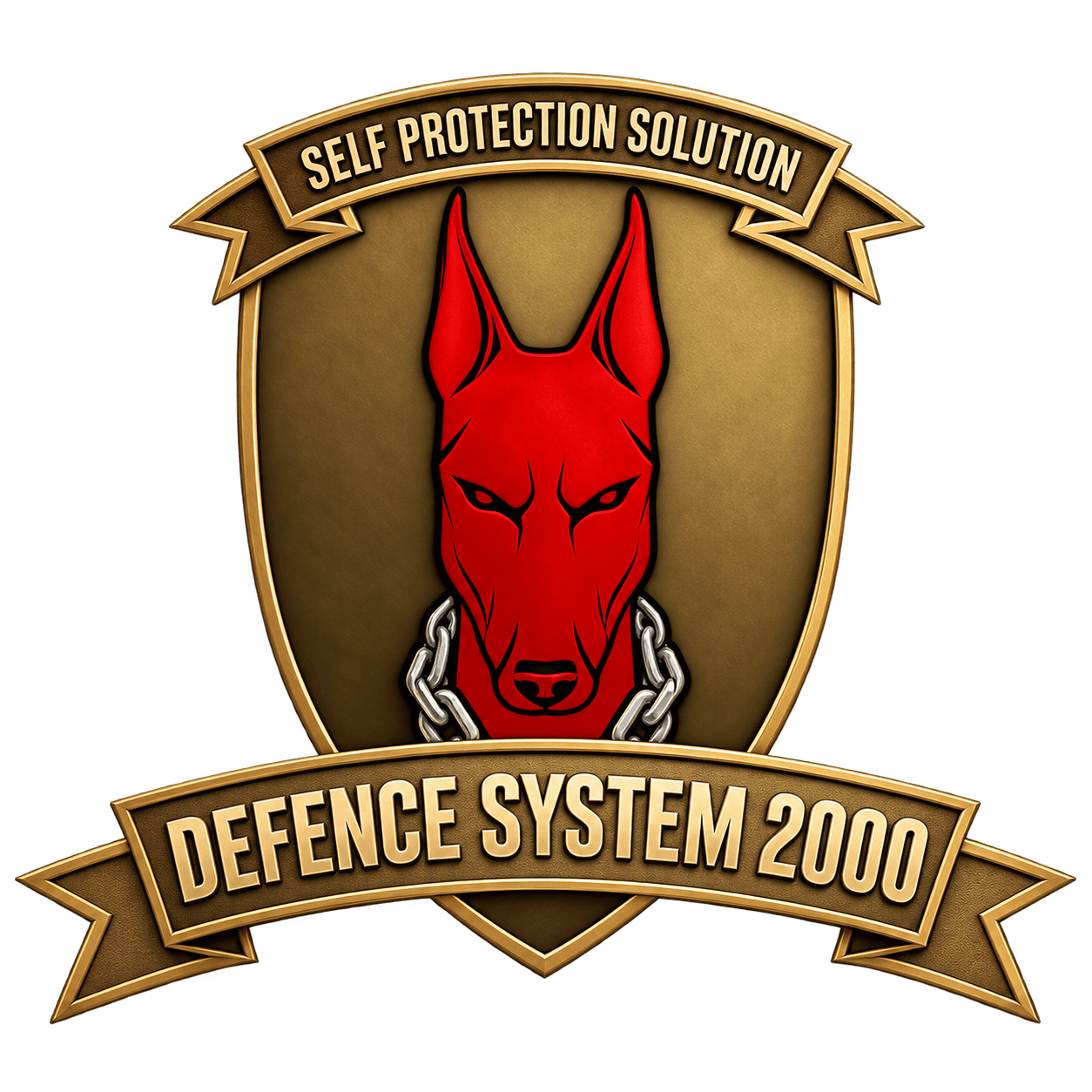 Emblema de Defence System 2000 con su dóberman rojo original