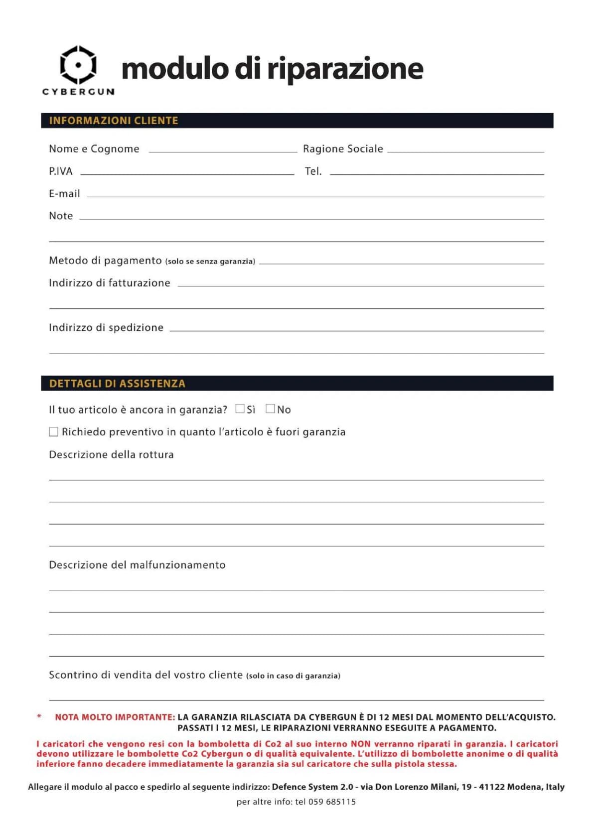 Primera página del formulario original de reparación de CYBERGUN